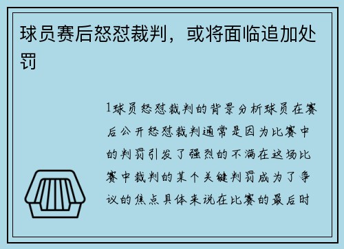 球员赛后怒怼裁判，或将面临追加处罚